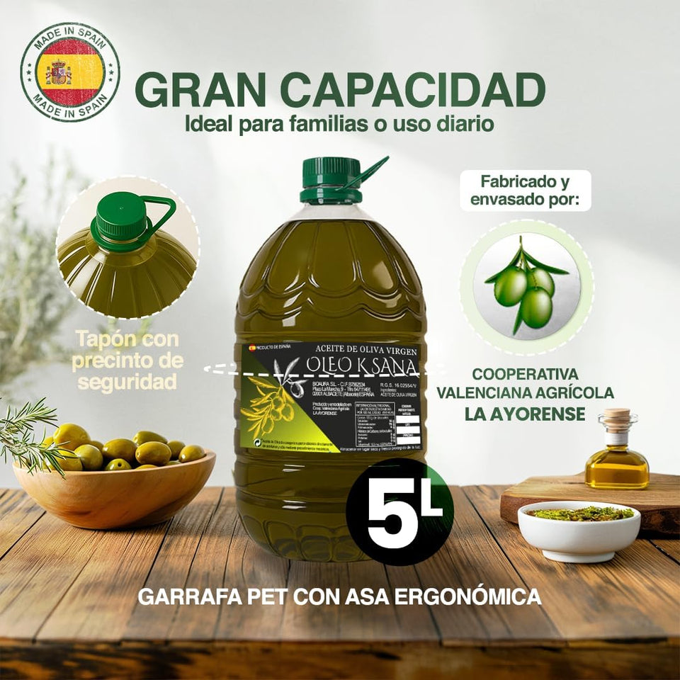 OLEO KSANA Aceite de Oliva Virgen - Dosificador De REGALO - Garrafa Aceite 5 Litros Prensado en Frío - Aove de Oliva Producido en España -De Cooperativa sin mezclas ni refinados- Olive Oil botella PET